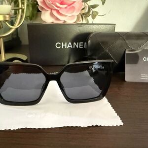 CHANEL Black Square Sunglasses with Dark Lenses
